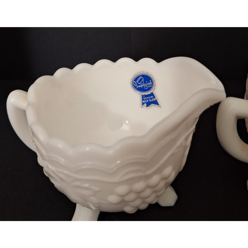 Vintage Imperial Milk Glass Grape & Leaf 3 Toed Open Sugar and Creamer - Picture 2 of 5